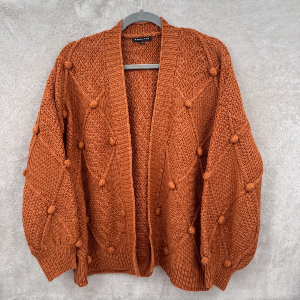Staccato Rust Orange Pom Pom Bobble Knit Cardigan Sweater Small Womens